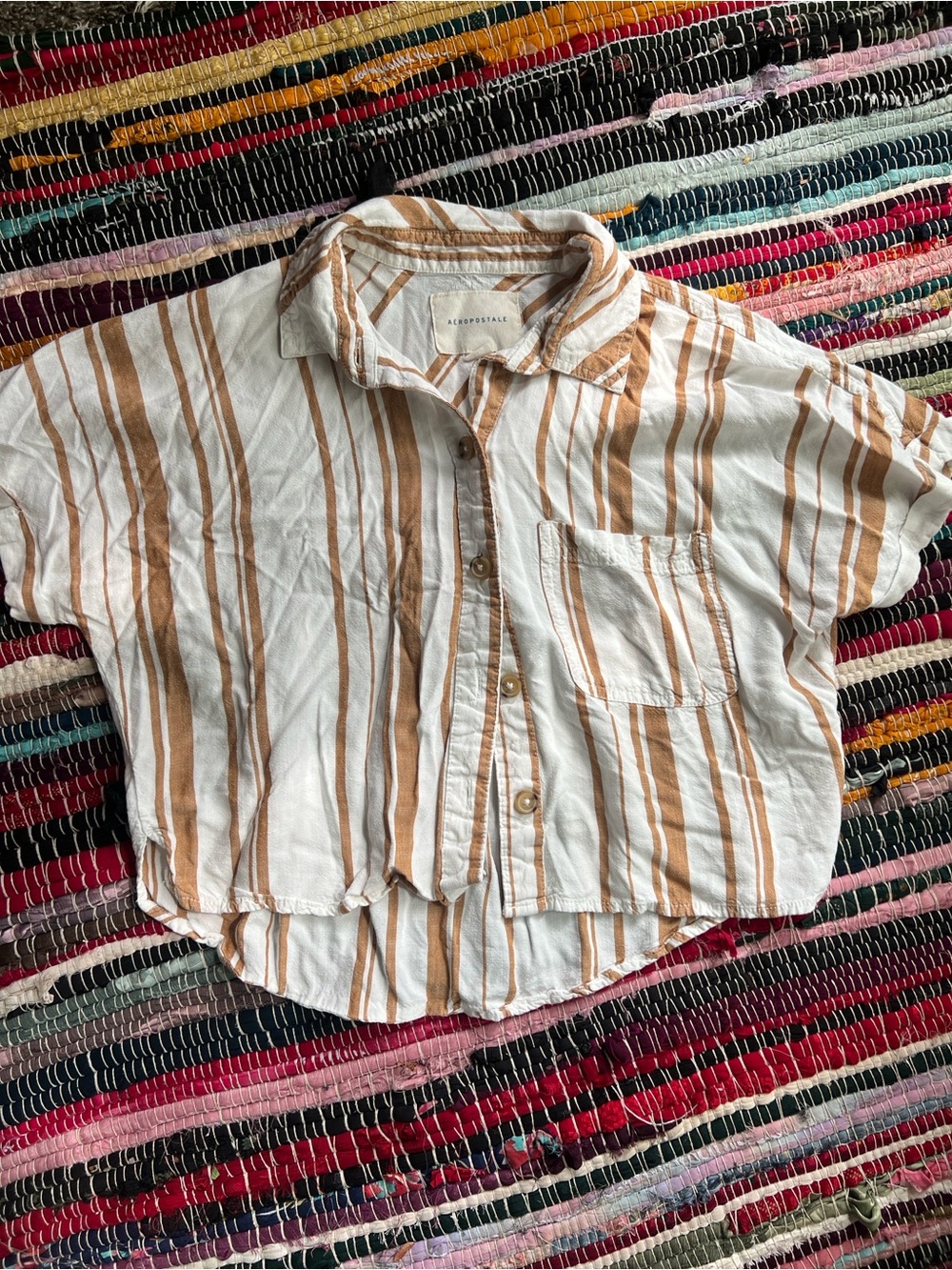 Aeropostale Cropped Button-Up Shirt in White and Brown Stripes